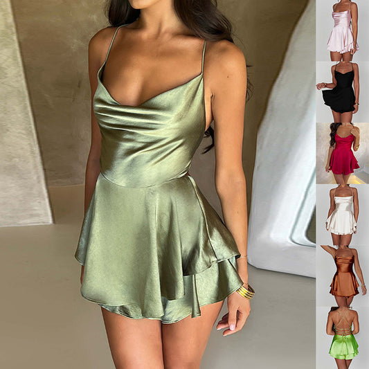 FURMX Satin Strap Mini Dress – Backless, Lace-Up A-Line Fit