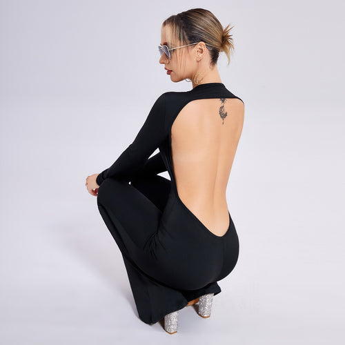 FUMRX Long-sleeved Open-back Slim-fit Straight-leg Jumpsuit